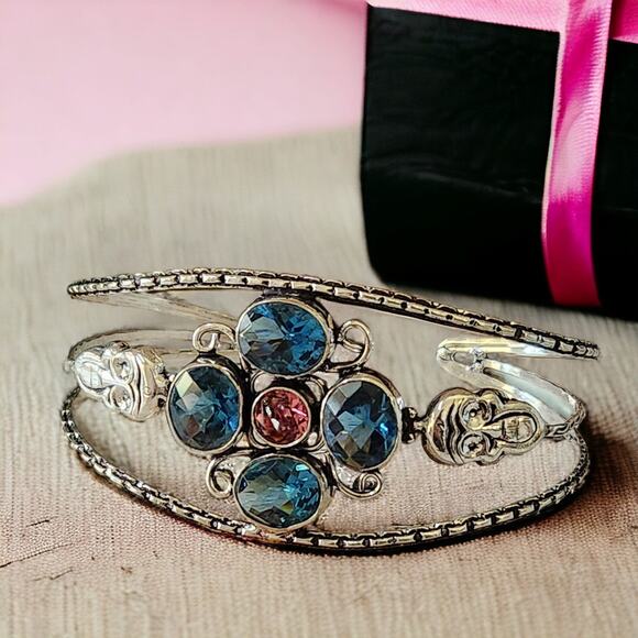 Wide Cuff Bracelet, Sky & Sunset Hues, Sterling Silver Cuff with Crystals 💖 - Picture 3 of 10